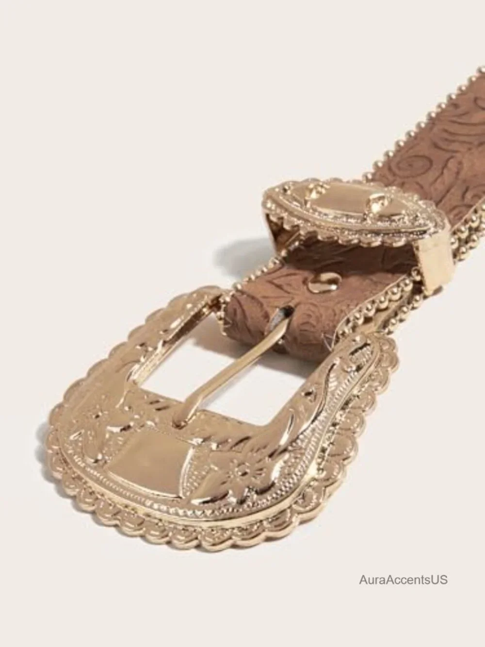 Faux PU Leather Floral Western Belt with Gold Buckle
